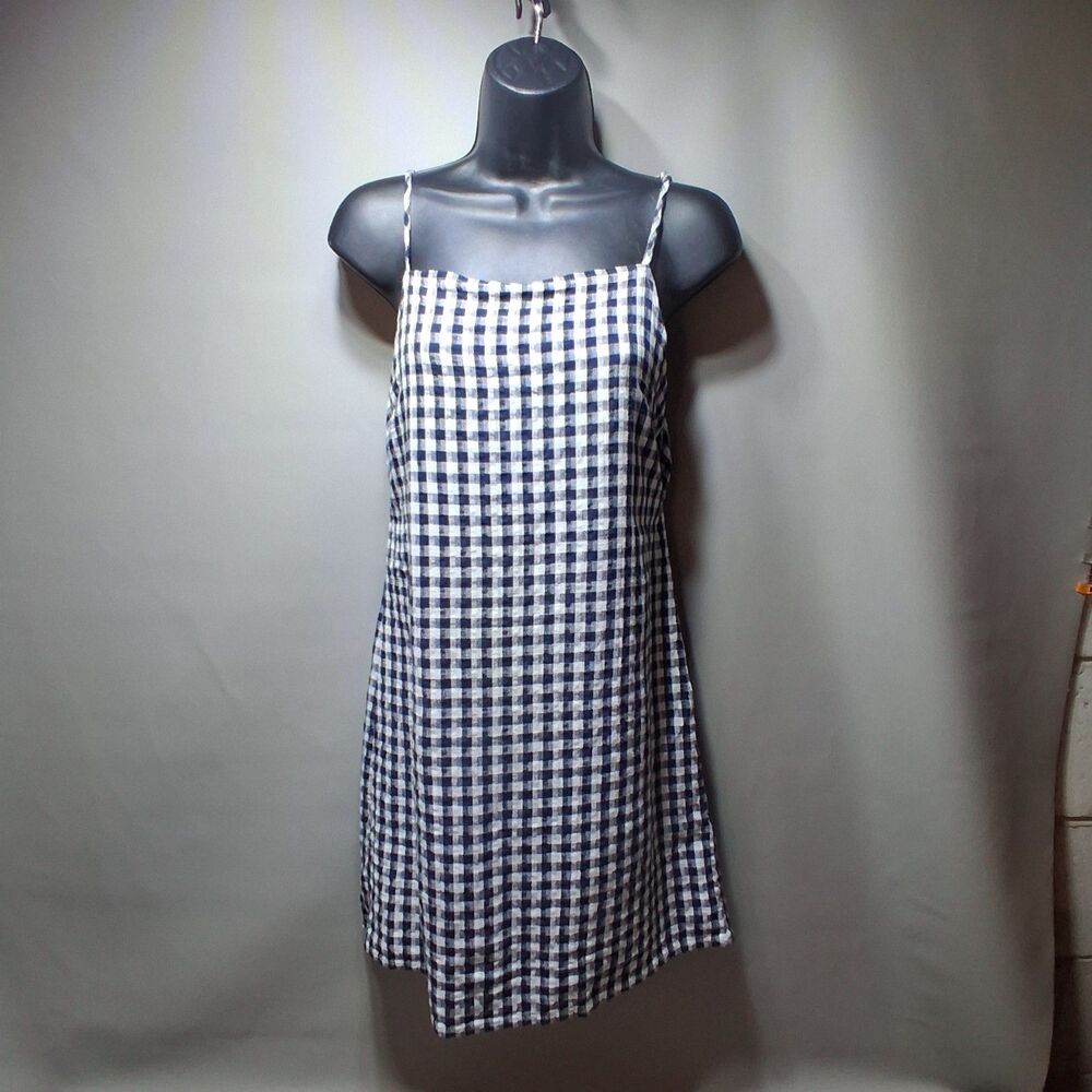 American Eagle Gingham Dress Medium‎ Blue White Cotton Tie Back Mini Cottage
